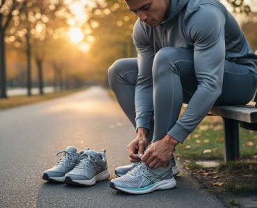 Person in casual workout clothes tying shoelaces on a park path at sunrise, ready to take a walk for mental wellbeing.