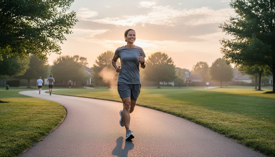 Person jogging at dawn on a quiet sidewalk