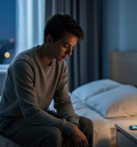 Young adult sitting quietly by a bedroom window with a phone face-down on a bedside table, conveying feelings of anxiety and the need for support.