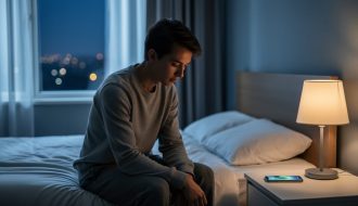 Young adult sitting quietly by a bedroom window with a phone face-down on a bedside table, conveying feelings of anxiety and the need for support.