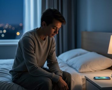Young adult sitting quietly by a bedroom window with a phone face-down on a bedside table, conveying feelings of anxiety and the need for support.