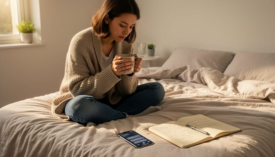 Person relaxing with a journal and tea by a window