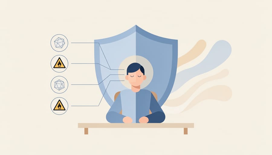 Person sitting at a workstation with safety signage blurred in the background, suggesting calm and psychological safety