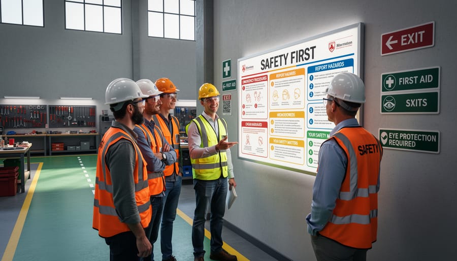 Worker adjusting hearing protection near a safety station with unreadable safety signs in the background