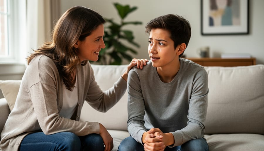 Two people sharing a supportive conversation in a living room with one person offering a tissue