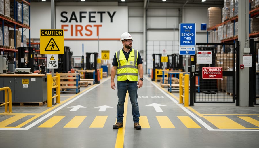 Worker in a high-visibility vest standing in a warehouse corridor near safety signs