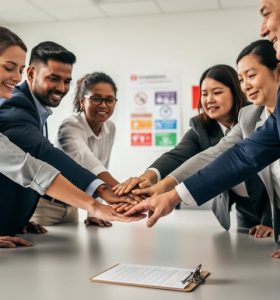 Diverse office team collaborating around a table with clasped hands, symbolizing shared workplace health and safety responsibility for mental wellness.