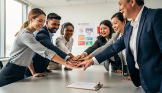 Diverse office team collaborating around a table with clasped hands, symbolizing shared workplace health and safety responsibility for mental wellness.