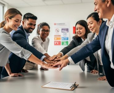 Diverse office team collaborating around a table with clasped hands, symbolizing shared workplace health and safety responsibility for mental wellness.