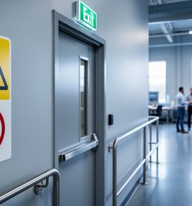 “Safety signs mounted on a wall in a Canadian workplace corridor near an emergency exit door, with employees and workplace elements softly blurred in the background.”