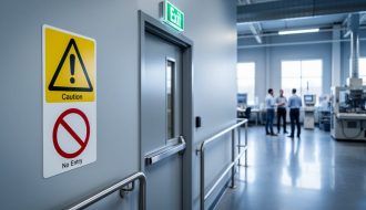 “Safety signs mounted on a wall in a Canadian workplace corridor near an emergency exit door, with employees and workplace elements softly blurred in the background.”