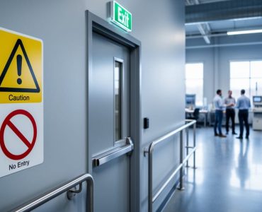 “Safety signs mounted on a wall in a Canadian workplace corridor near an emergency exit door, with employees and workplace elements softly blurred in the background.”