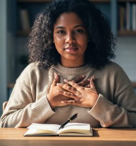 A diverse person seated at a table holding an open journal, symbolizing sharing lived experiences for mental health support.