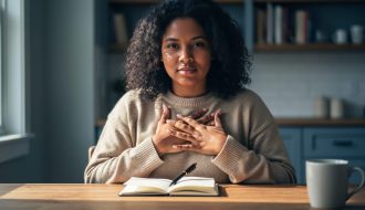 A diverse person seated at a table holding an open journal, symbolizing sharing lived experiences for mental health support.