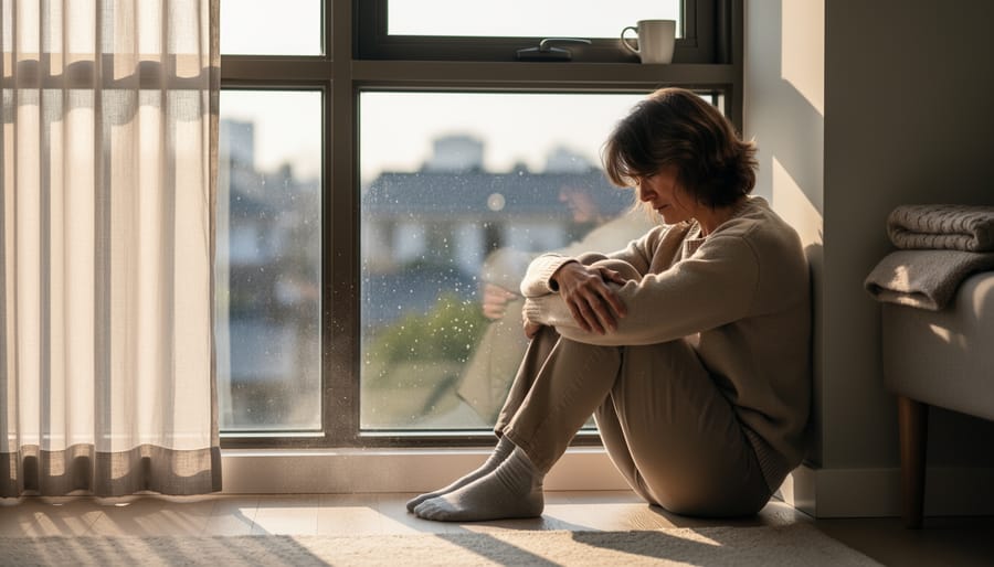 A young adult sitting quietly by a bedroom window with a phone face-down on a bedside table
